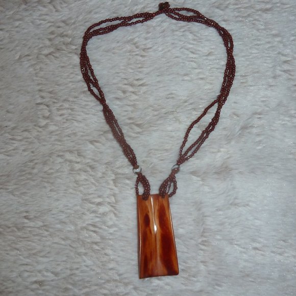 Boho Brown Bead Necklace, Real Bone Horn Rectangular Pendant, Button Closure 18" - Picture 8 of 10